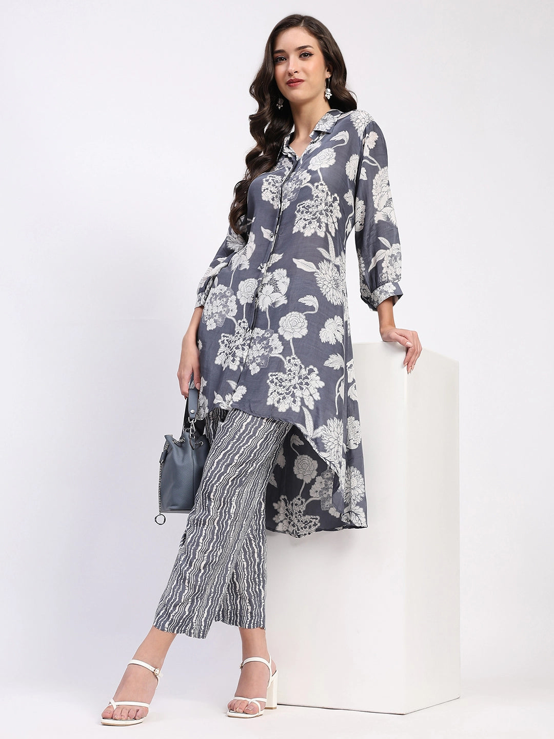 Grey Floral Crepe Kurta Set - Global Republic