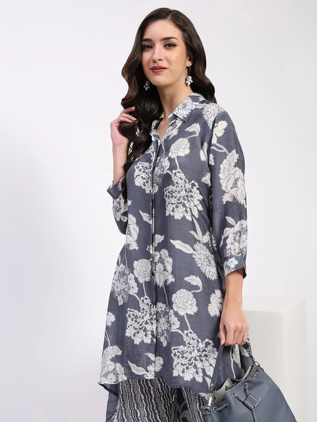 Grey Floral Crepe Kurta Set - Global Republic