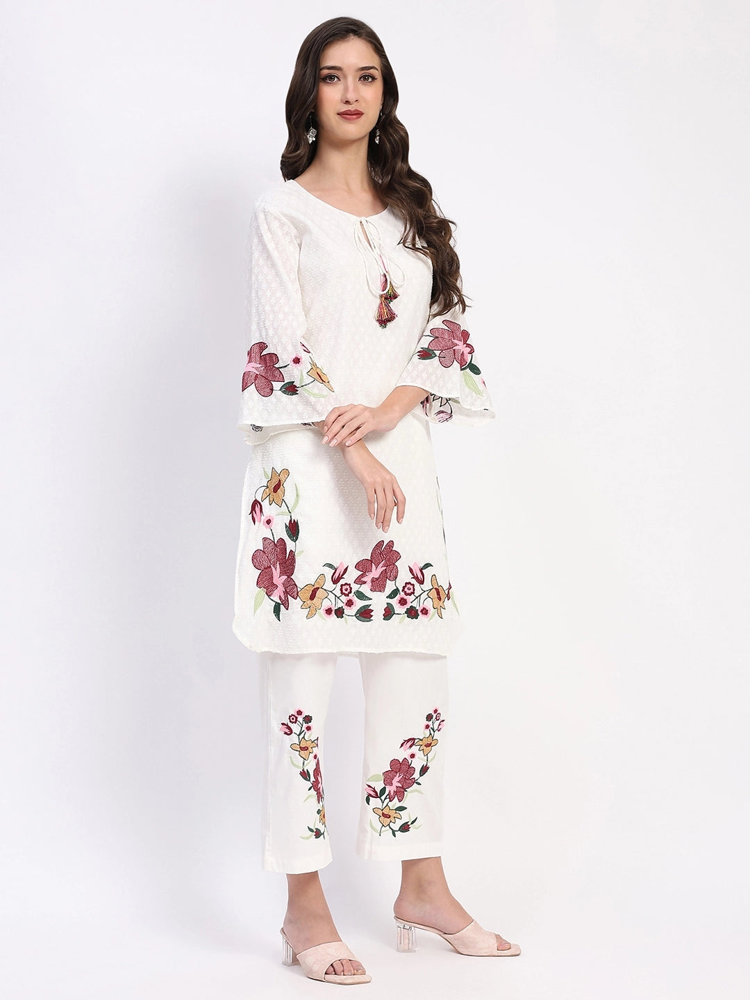 White Embroidered Cotton Dobby Kurta Set - Global Republic