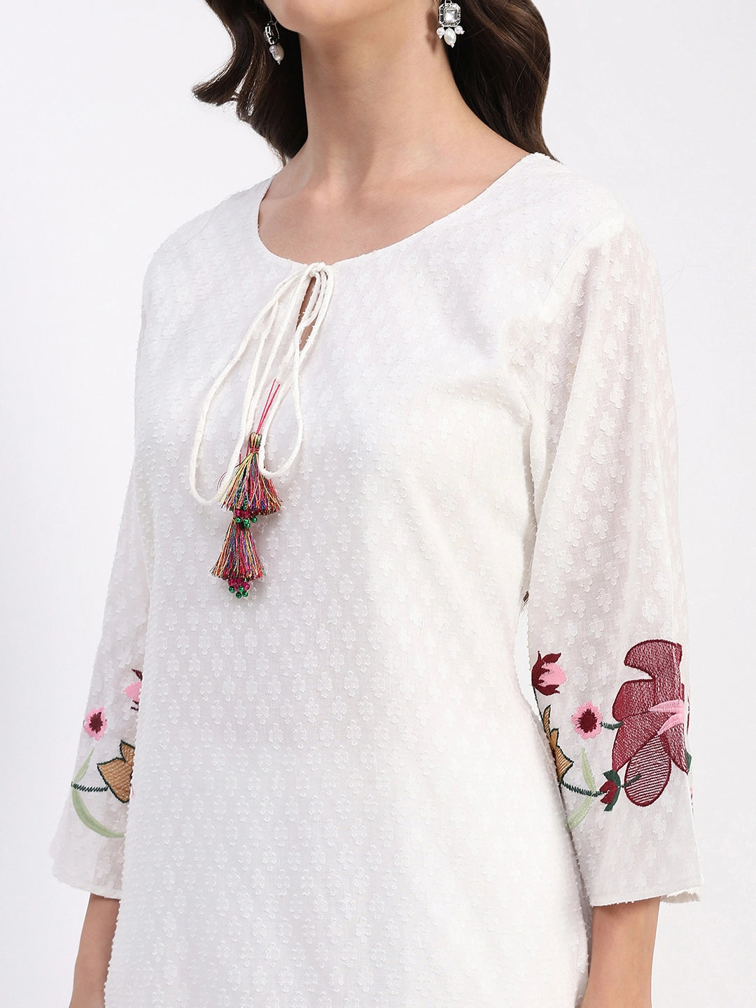 White Embroidered Cotton Dobby Kurta Set - Global Republic