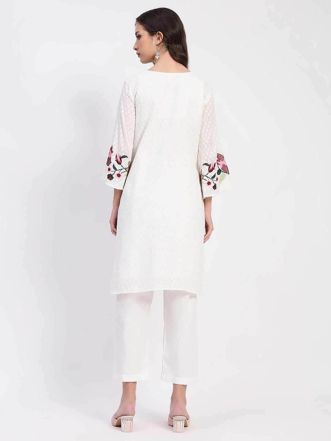 White Embroidered Cotton Dobby Kurta Set - Global Republic