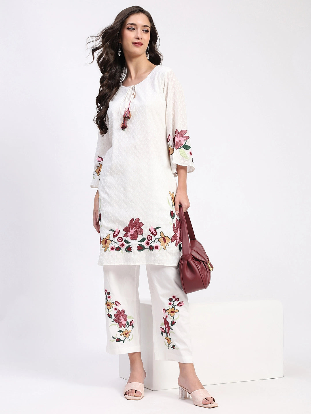 White Embroidered Cotton Dobby Kurta Set - Global Republic