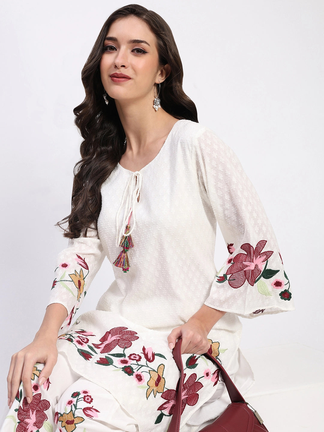 White Embroidered Cotton Dobby Kurta Set - Global Republic