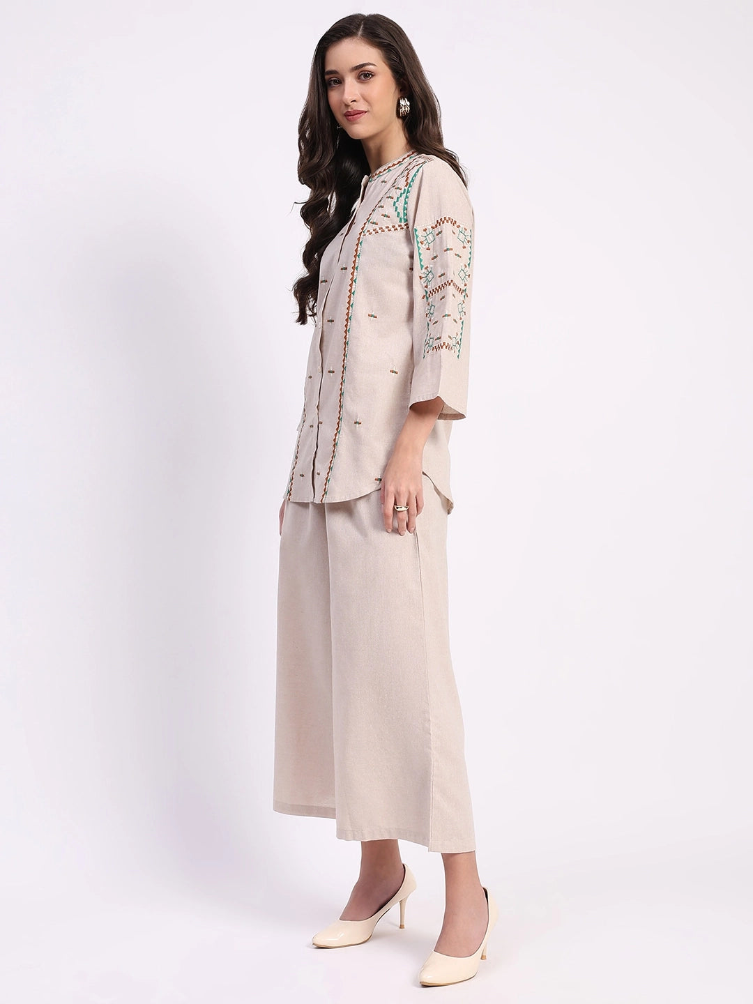 Beige Cotton Embroidered Tunic Set - Global Republic