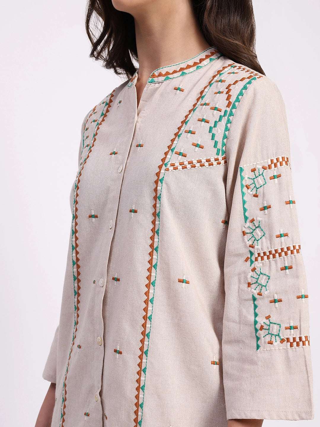 Beige Cotton Embroidered Tunic Set - Global Republic