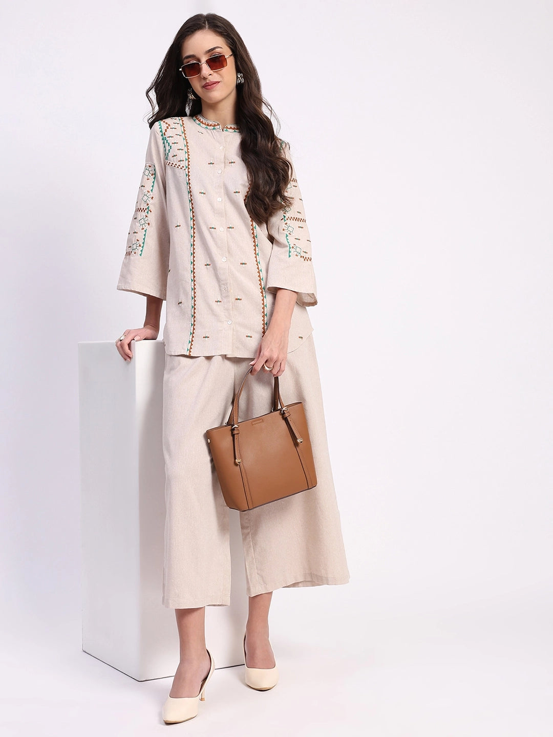 Beige Cotton Embroidered Tunic Set - Global Republic