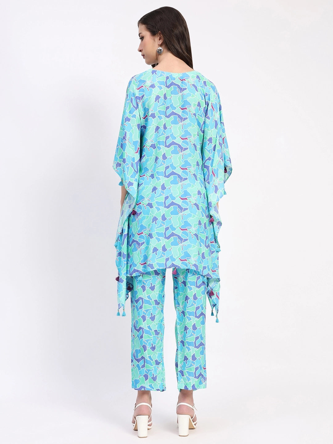 Blue Crepe Abstract Kaftan Set - Global Republic