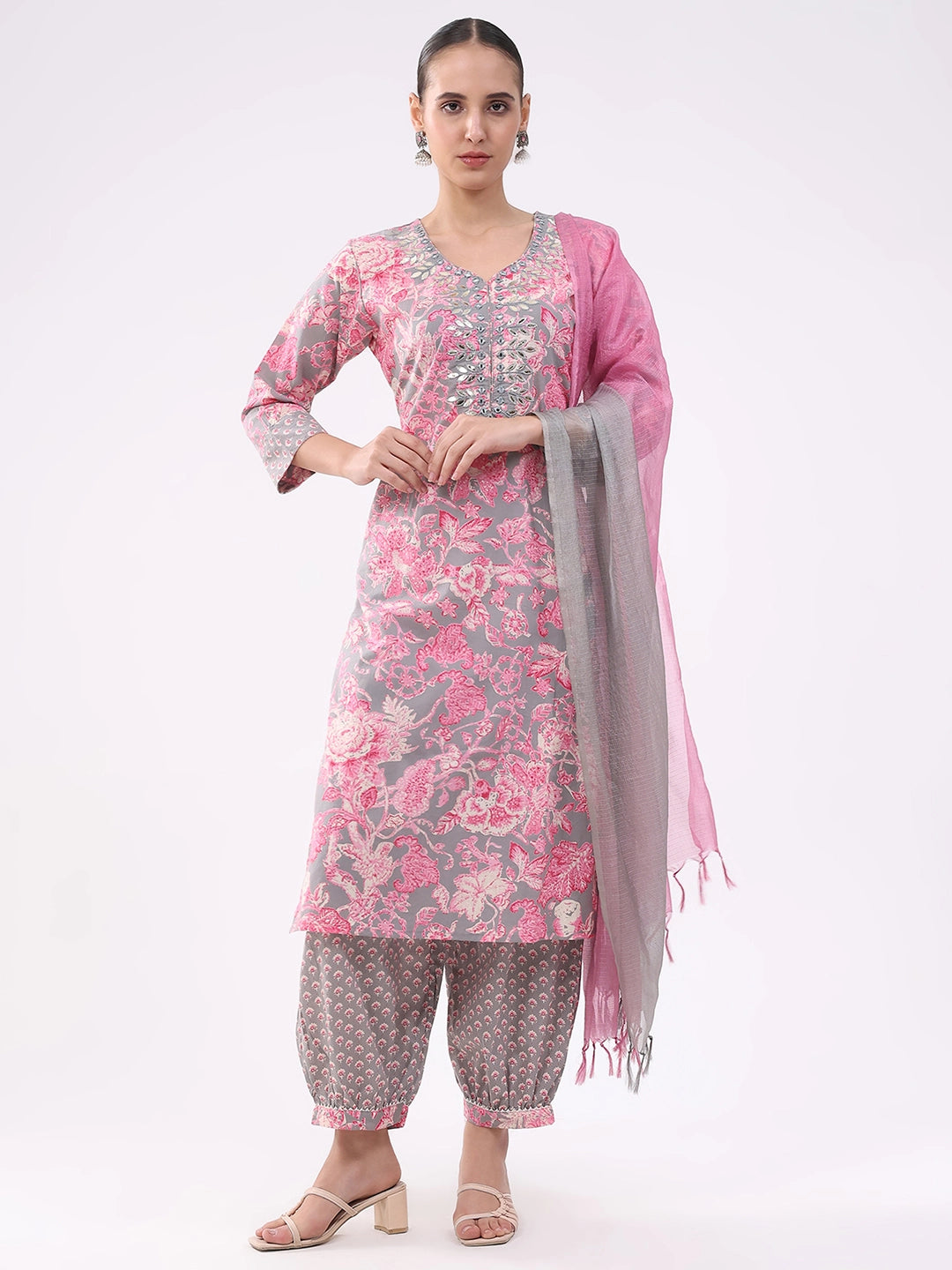 Pink & Grey Floral Cotton Suit Set - Global Republic