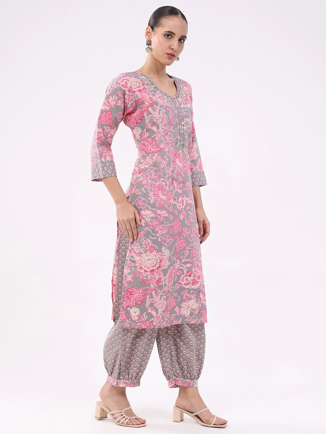 Pink & Grey Floral Cotton Suit Set - Global Republic