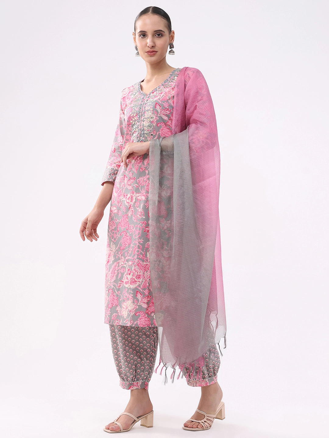 Pink & Grey Floral Cotton Suit Set - Global Republic