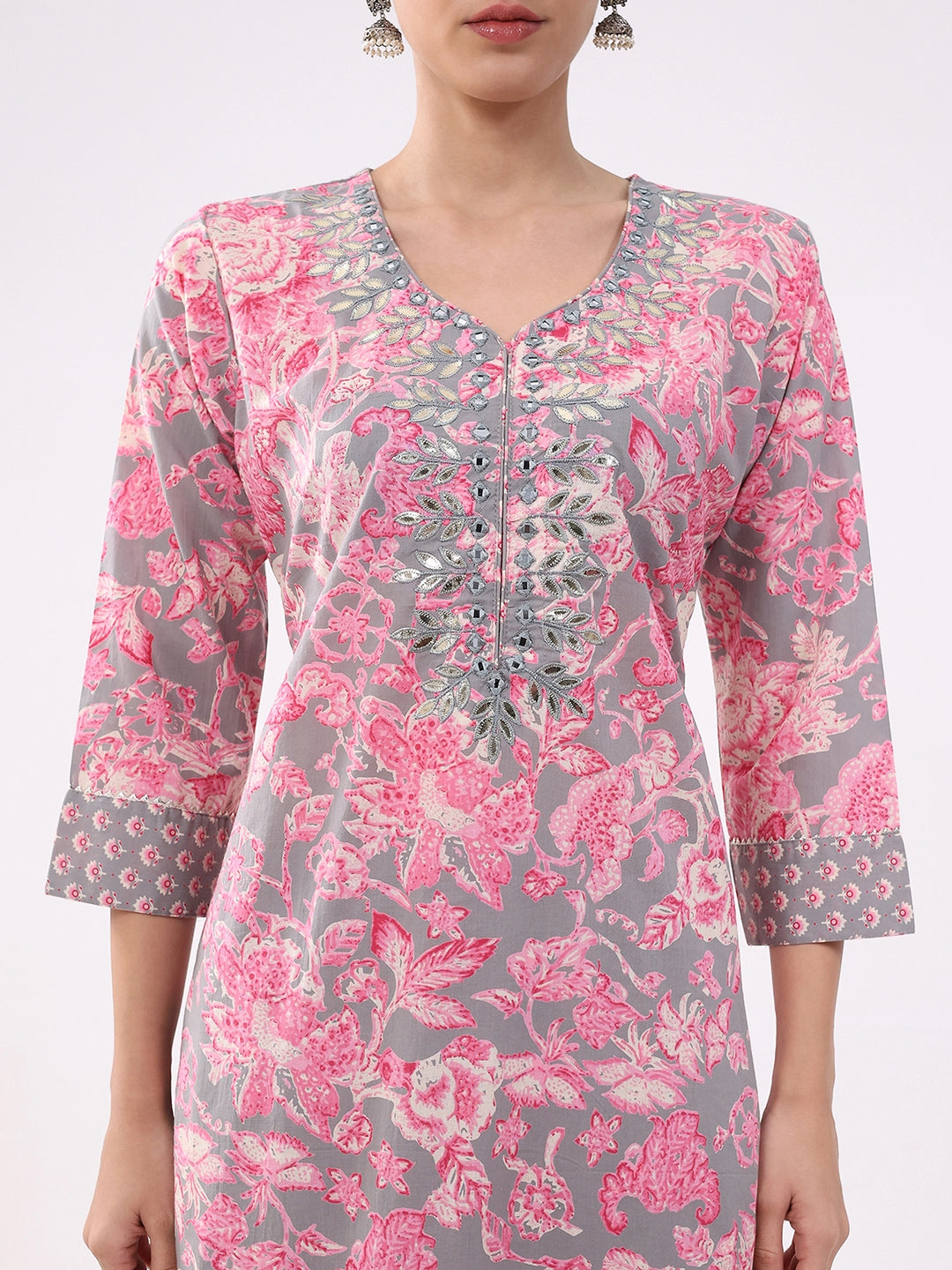 Pink & Grey Floral Cotton Suit Set - Global Republic