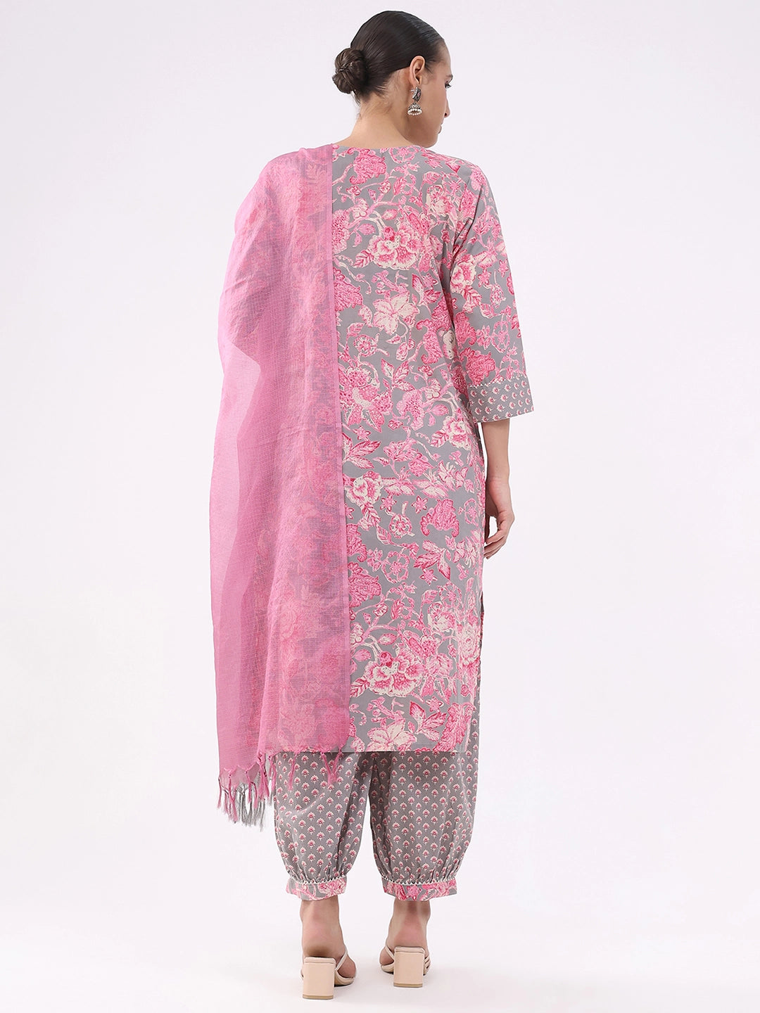 Pink & Grey Floral Cotton Suit Set - Global Republic