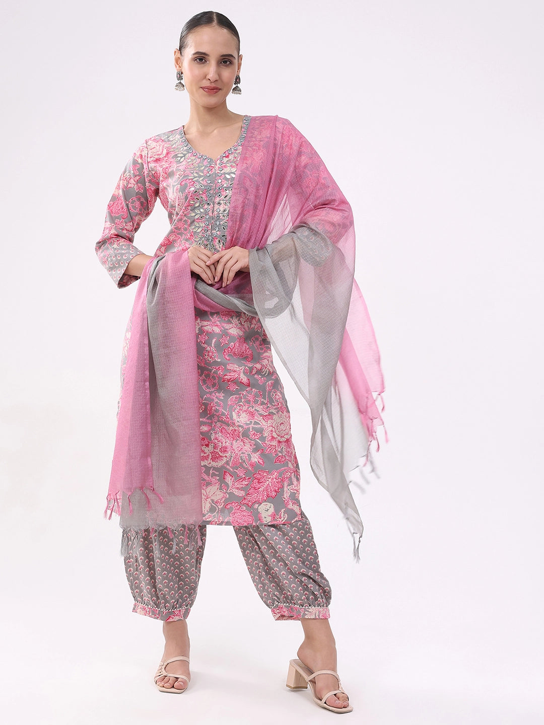 Pink & Grey Floral Cotton Suit Set - Global Republic