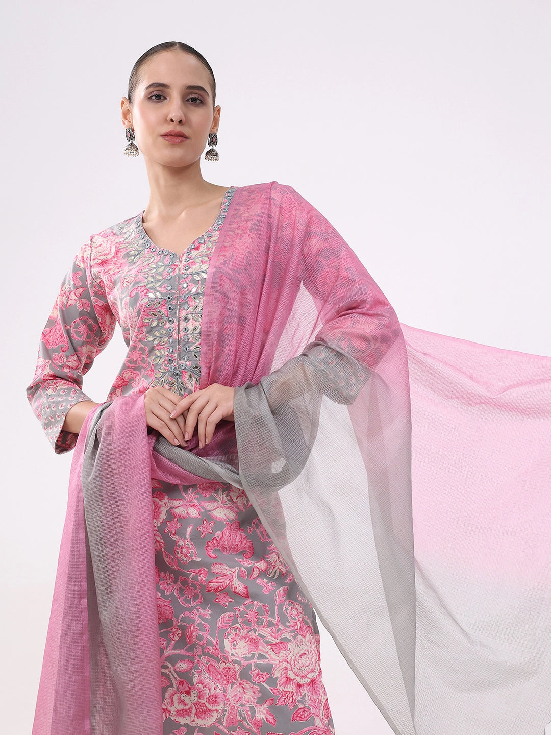 Pink & Grey Floral Cotton Suit Set - Global Republic