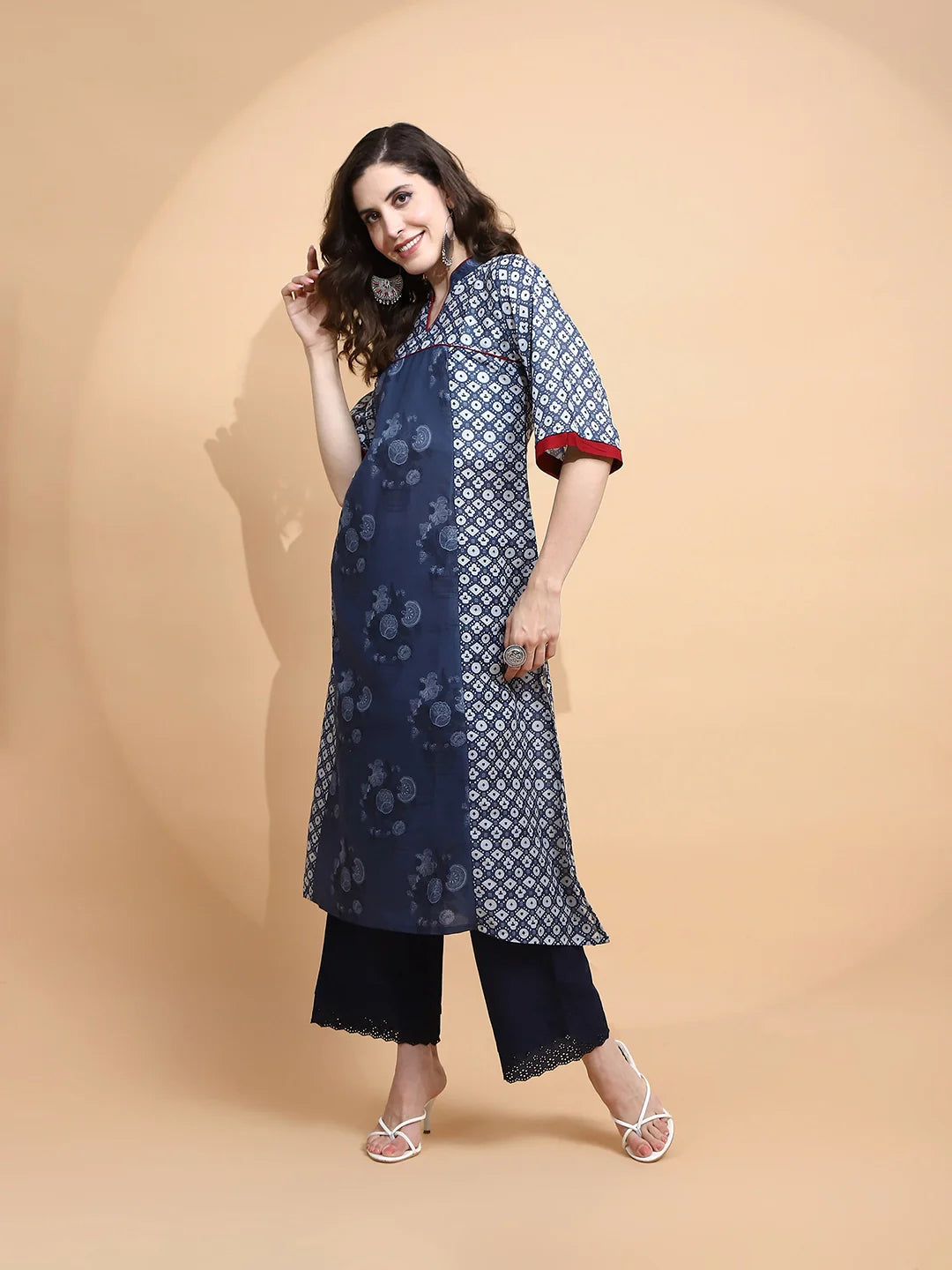 Blue Printed Cotton Blend Kurta - Global Republic