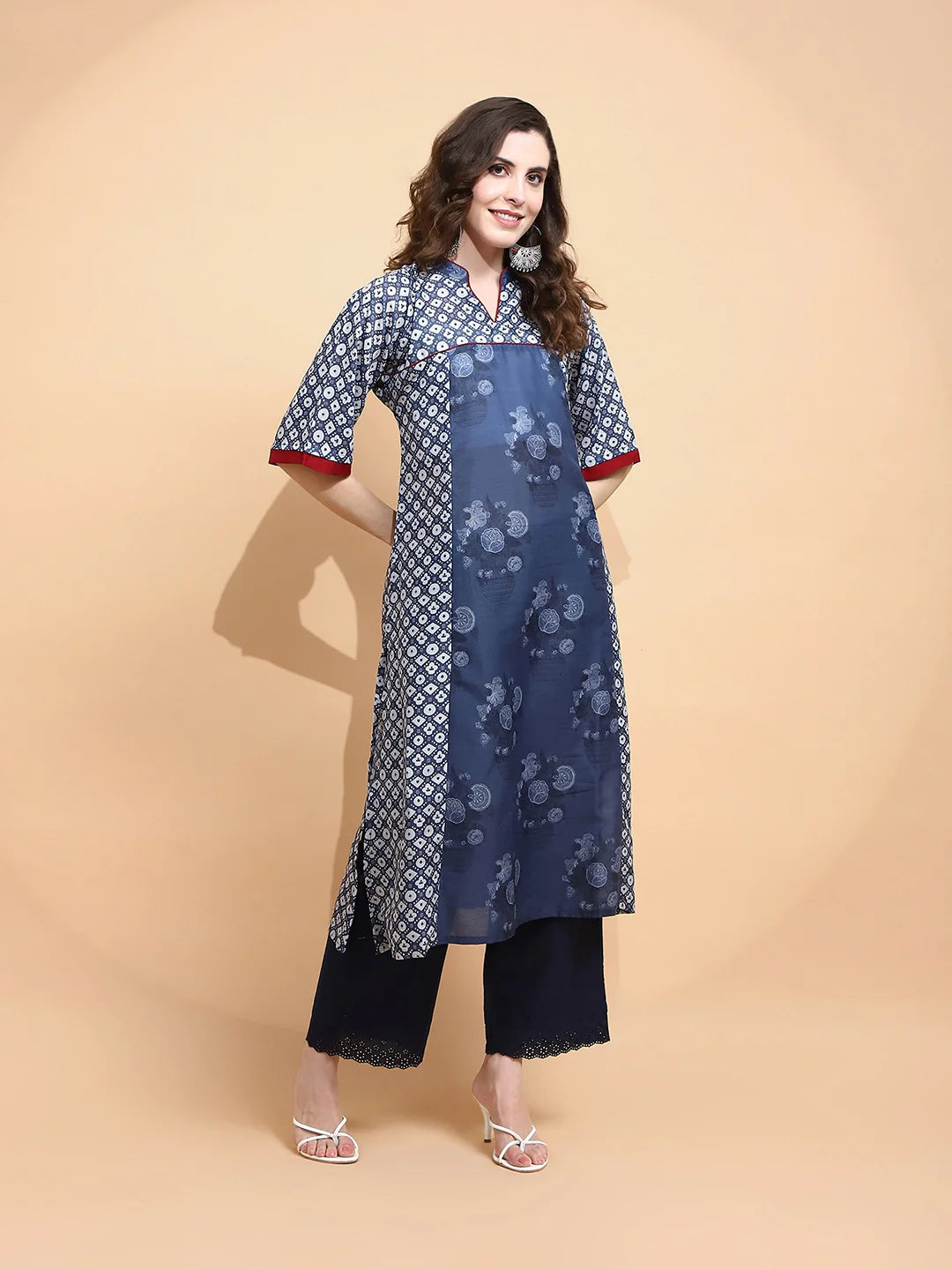 Blue Printed Cotton Blend Kurta - Global Republic