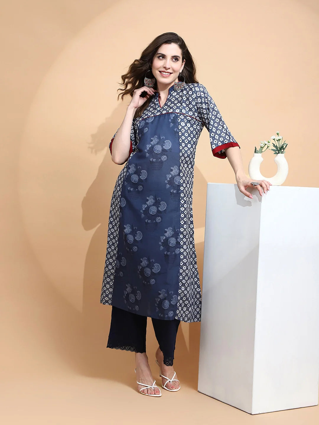Blue Printed Cotton Blend Kurta - Global Republic