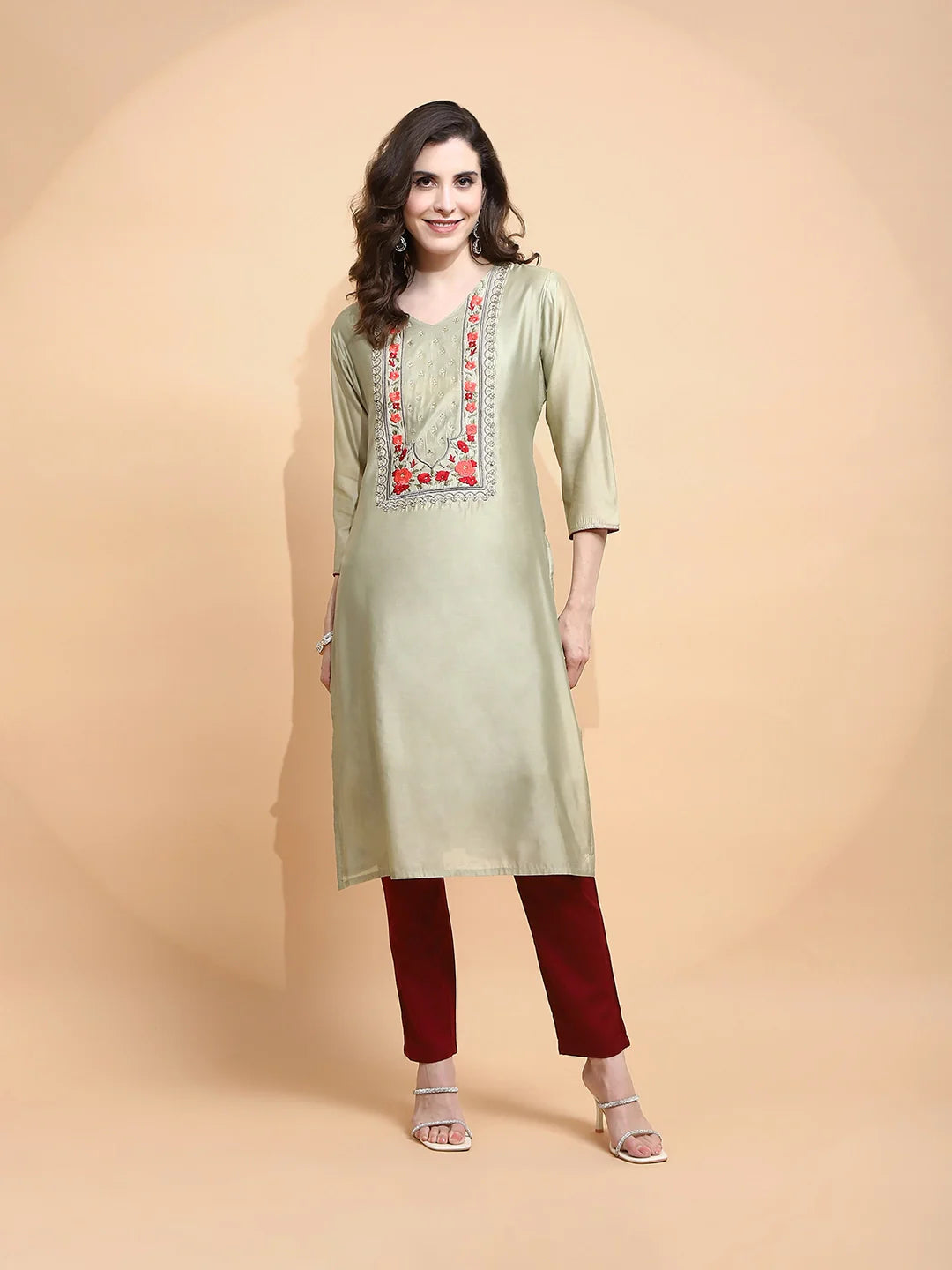 Green Embroidered Chanderi Kurta - Global Republic