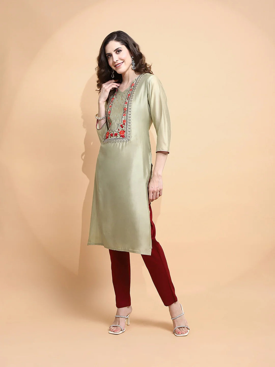Green Embroidered Chanderi Kurta - Global Republic