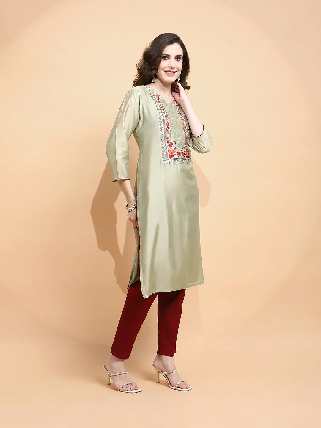 Green Embroidered Chanderi Kurta - Global Republic