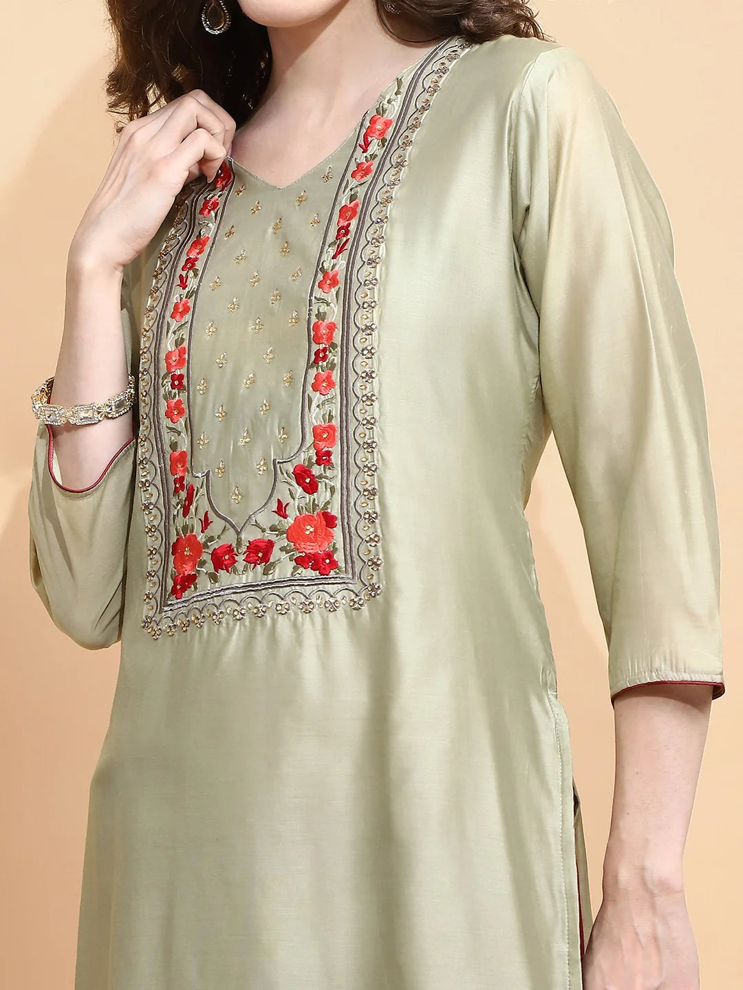 Green Embroidered Chanderi Kurta - Global Republic