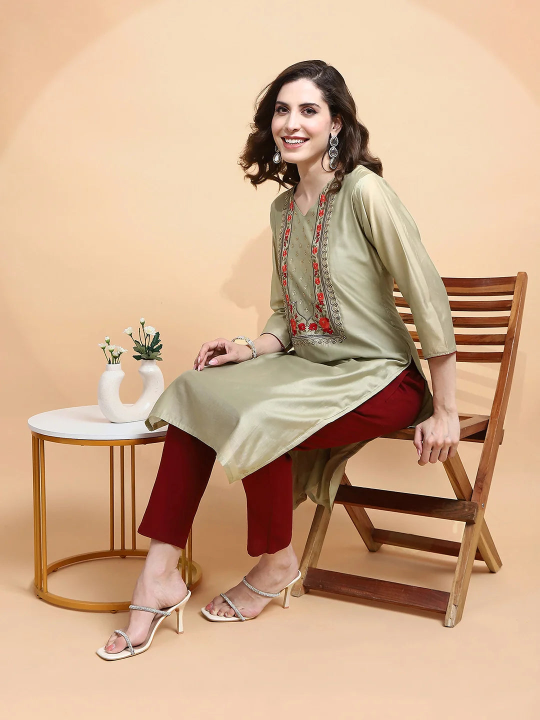 Green Embroidered Chanderi Kurta - Global Republic