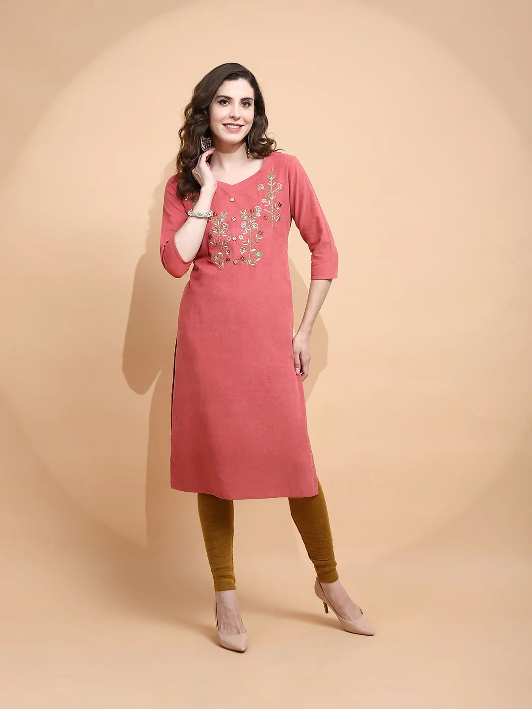 Rust Embroidered Cotton Blend Kurta - Global Republic