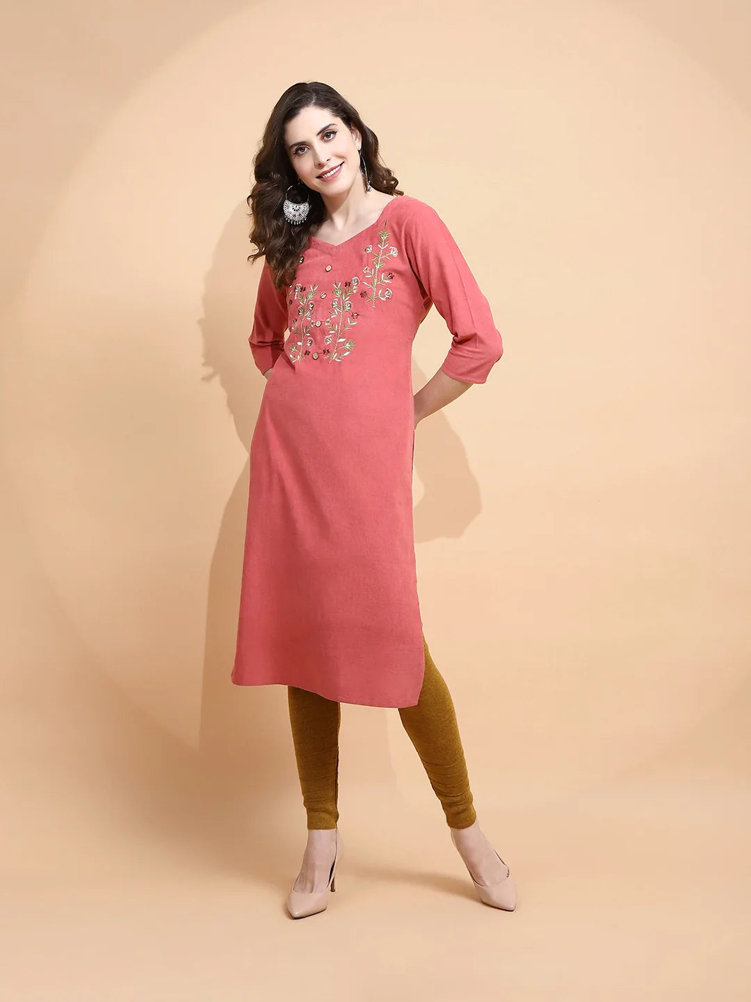 Rust Embroidered Cotton Blend Kurta - Global Republic
