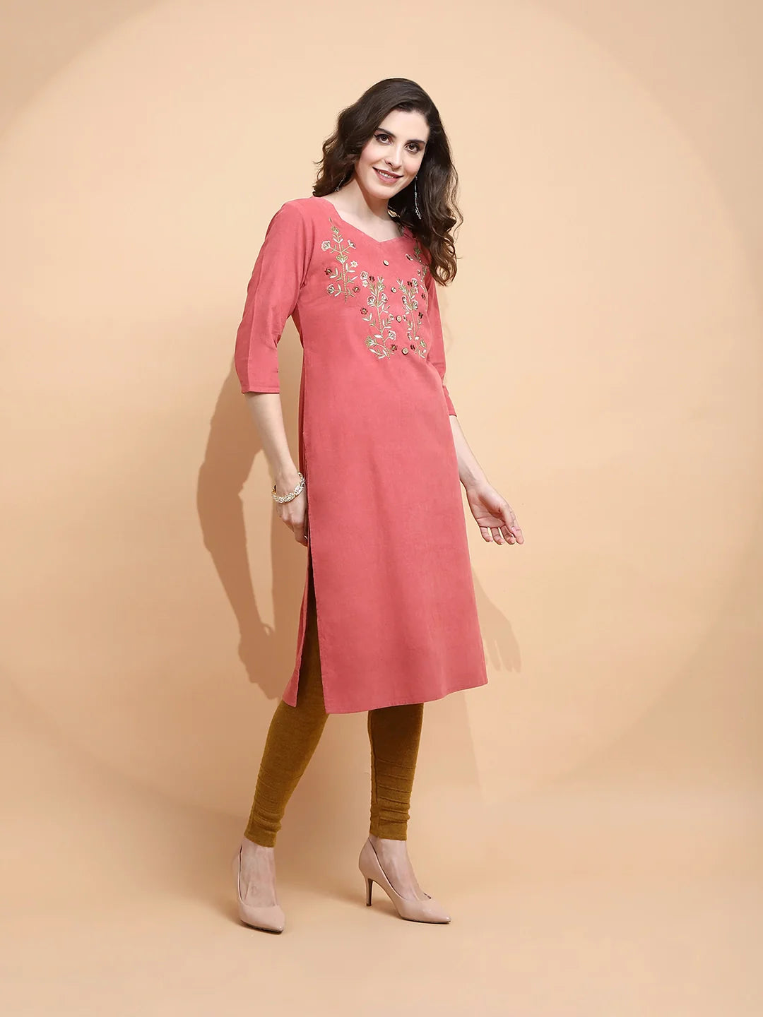 Rust Embroidered Cotton Blend Kurta - Global Republic