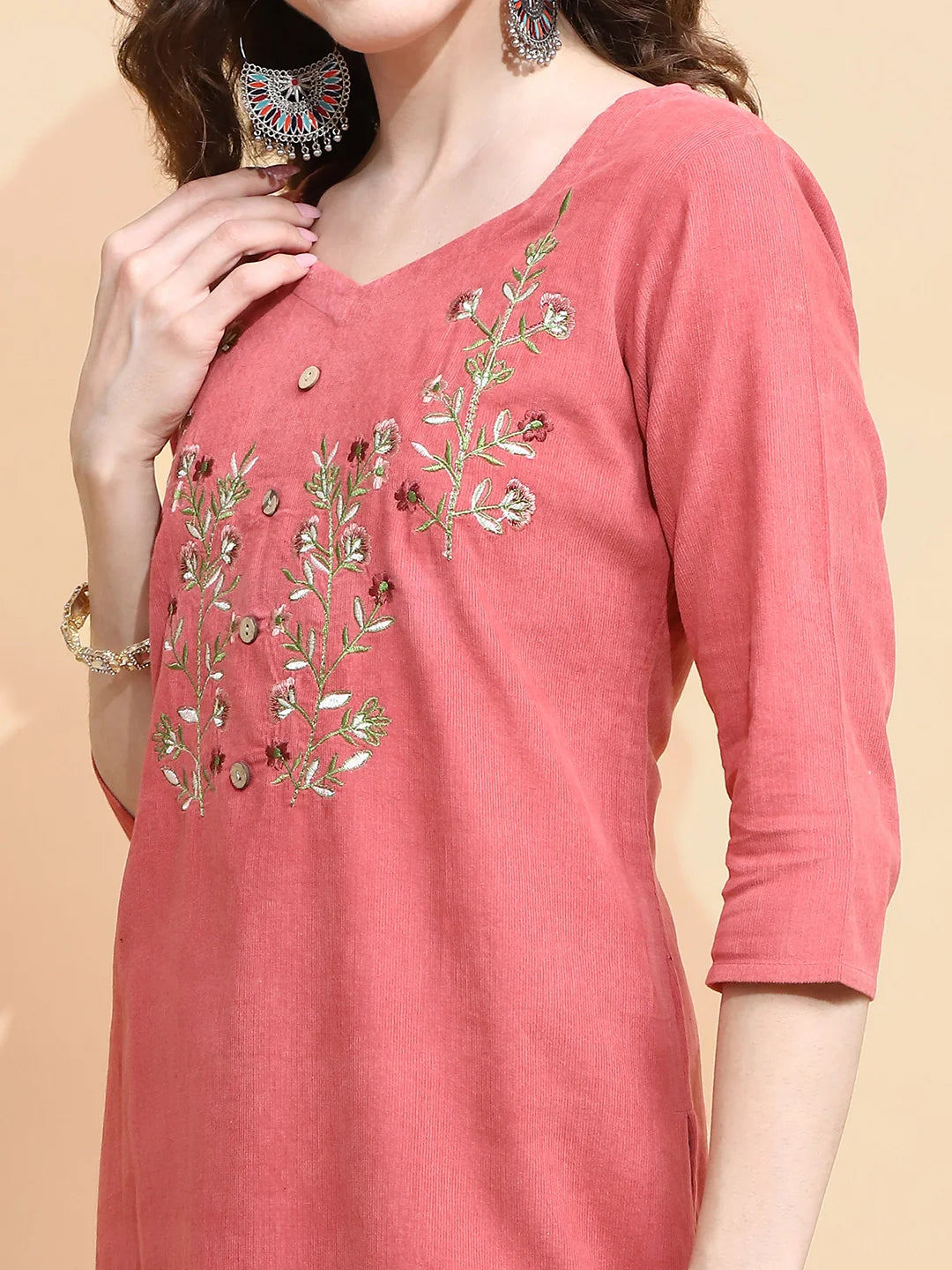 Rust Embroidered Cotton Blend Kurta - Global Republic