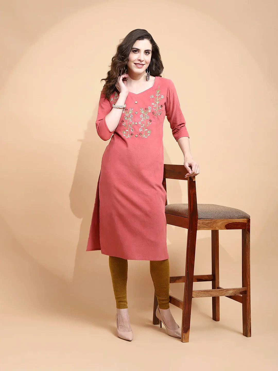 Rust Embroidered Cotton Blend Kurta - Global Republic