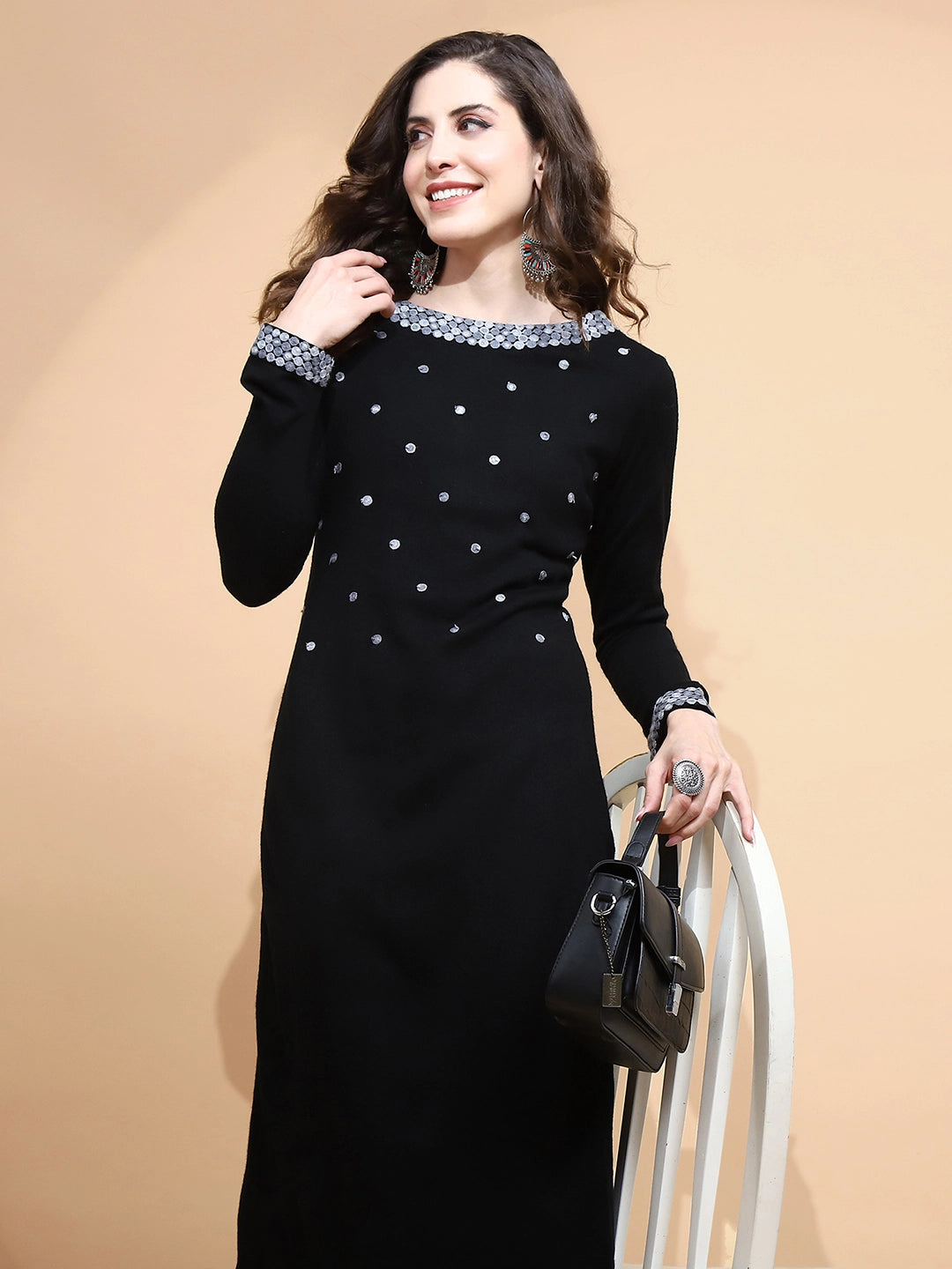 Black Knitted Regular Fit Kurta Set For Women - Global Republic