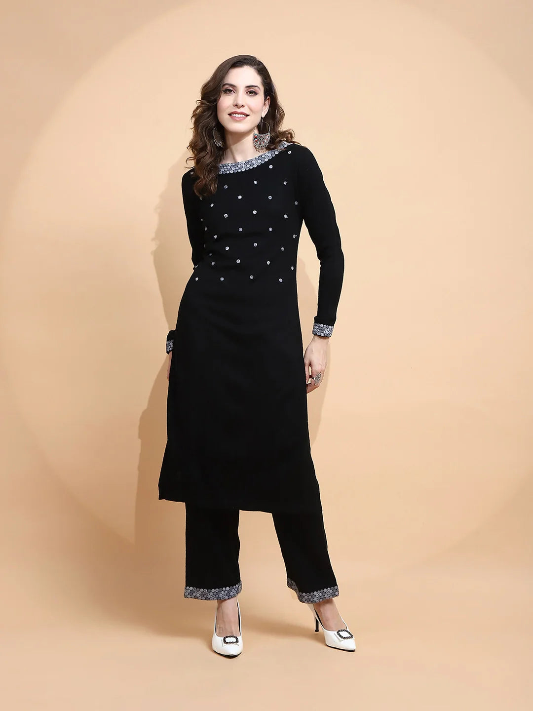 Black Knitted Regular Fit Kurta Set For Women - Global Republic