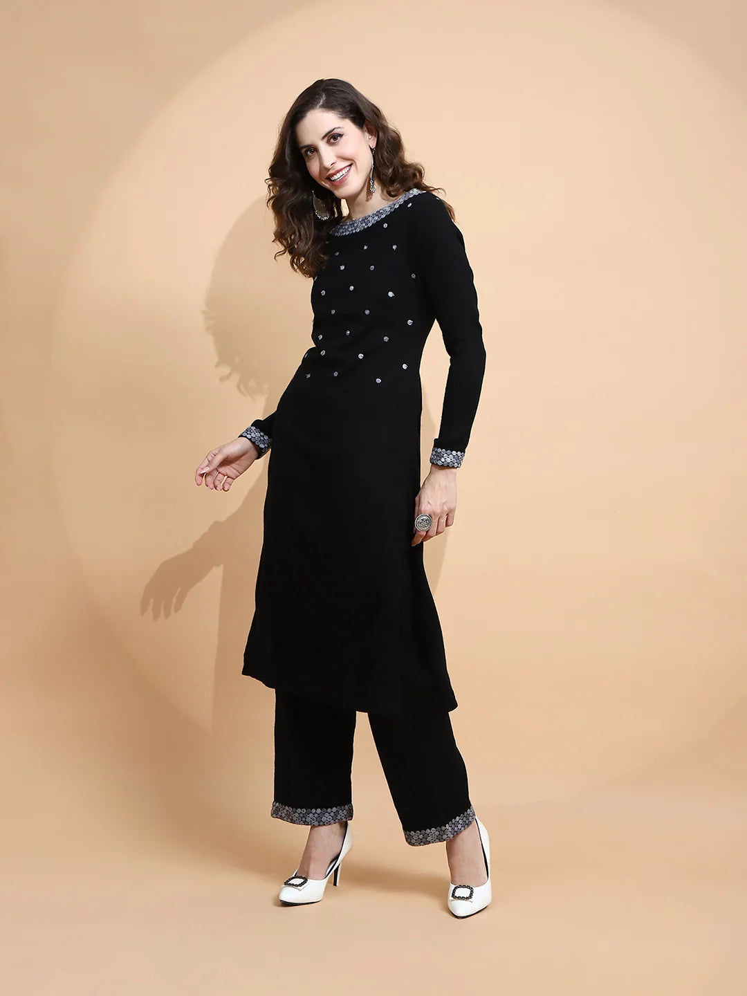 Black Knitted Regular Fit Kurta Set For Women - Global Republic