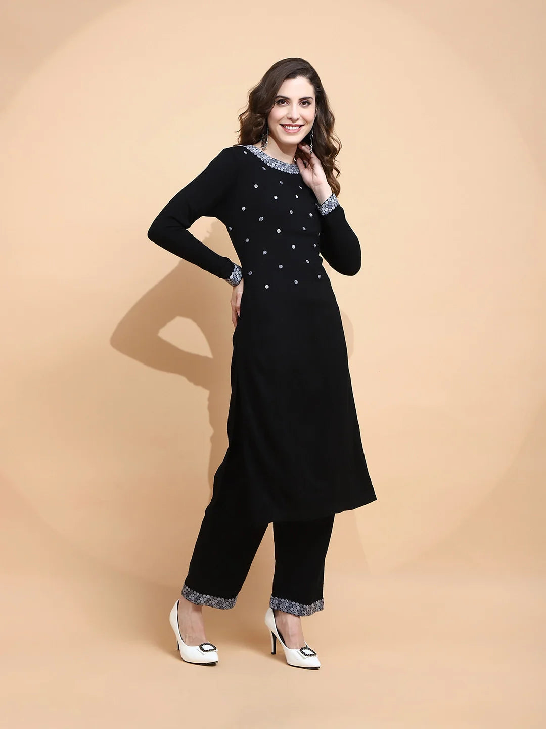 Black Knitted Regular Fit Kurta Set For Women - Global Republic