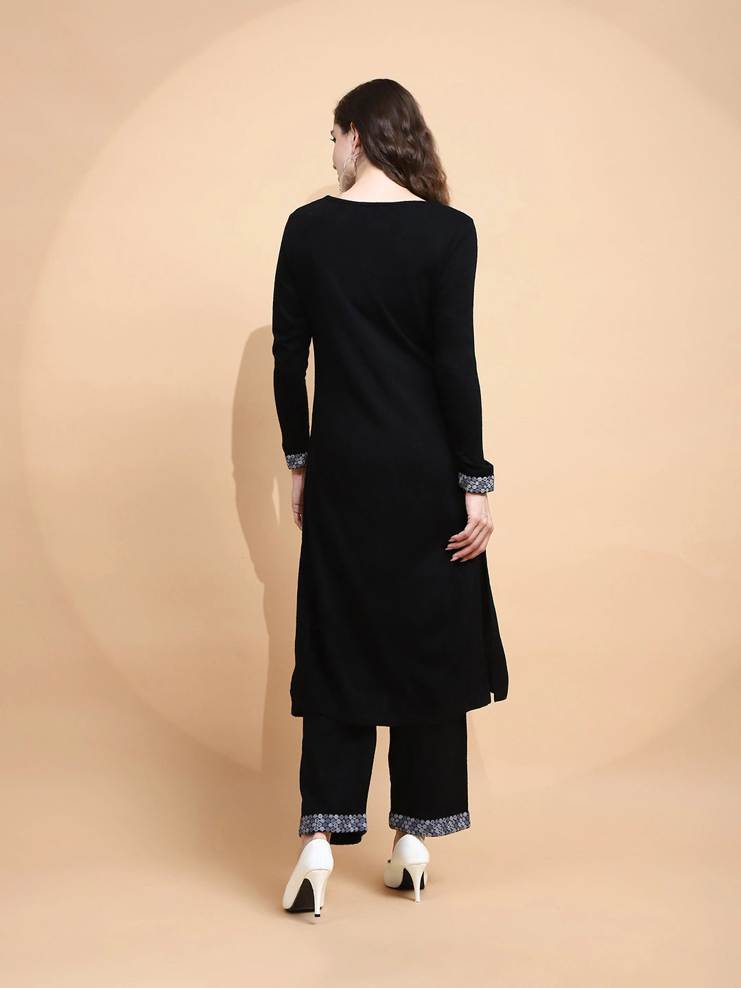 Black Knitted Regular Fit Kurta Set For Women - Global Republic