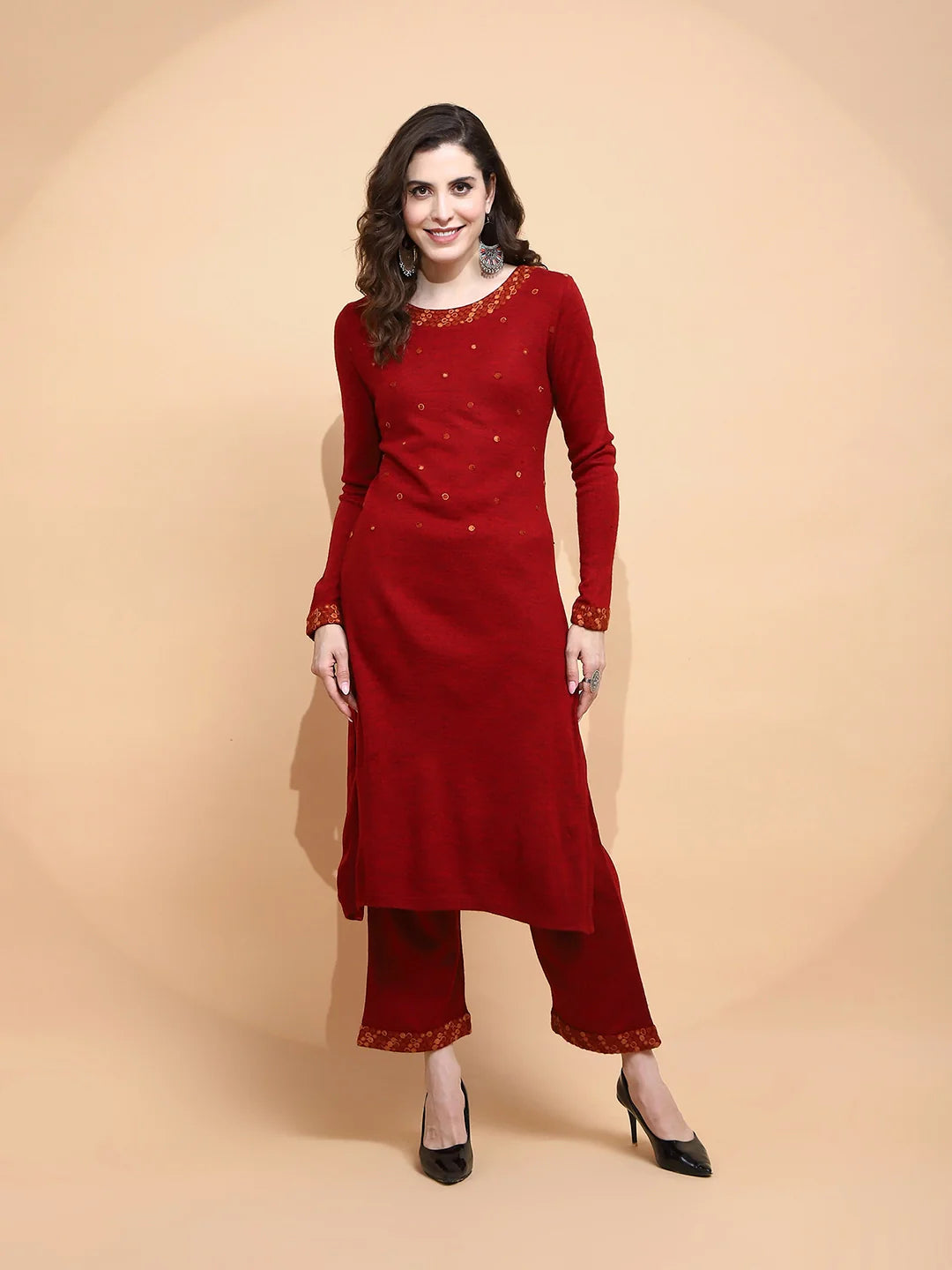 Maroon Knitted Regular Fit Kurta Set For Women - Global Republic