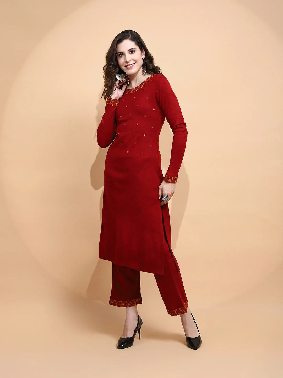 Maroon Knitted Regular Fit Kurta Set For Women - Global Republic