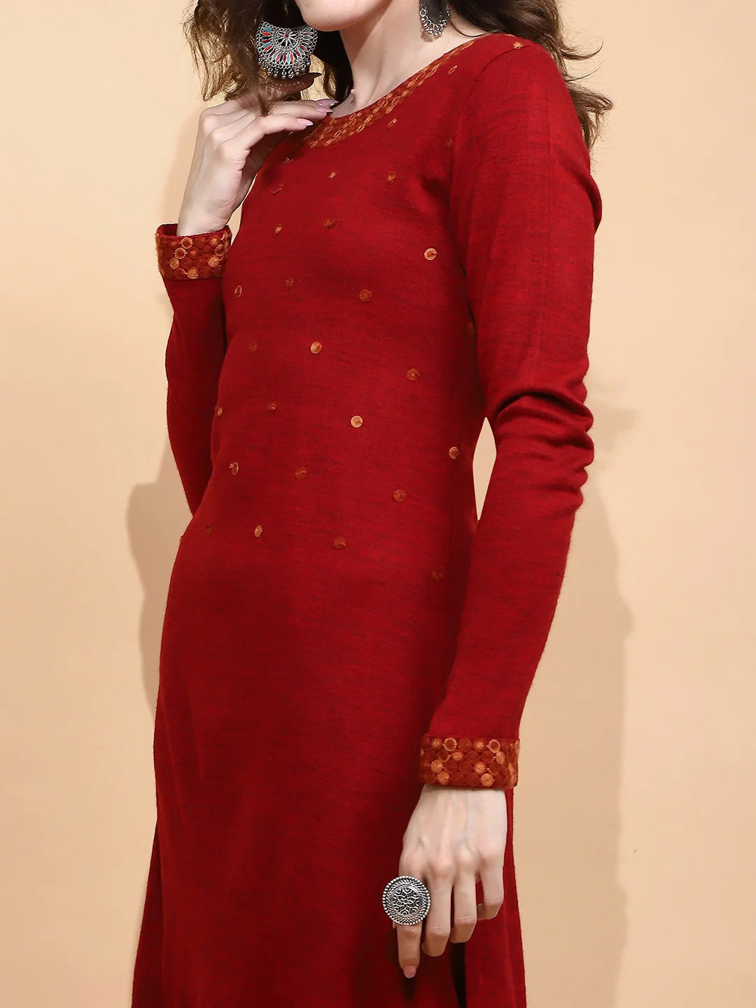 Maroon Knitted Regular Fit Kurta Set For Women - Global Republic