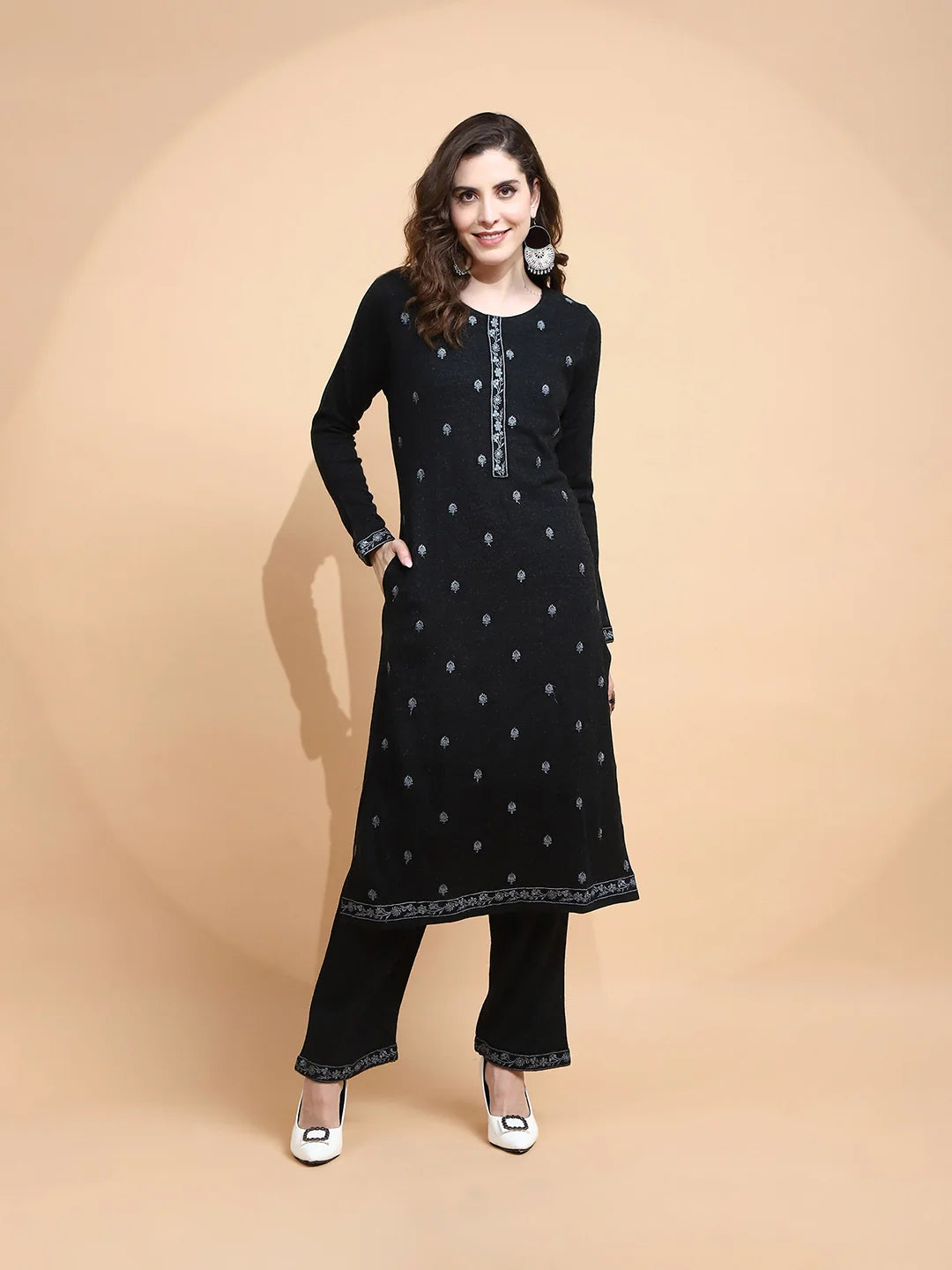Black Embroidered Wool Blend Kurta Set - Global Republic