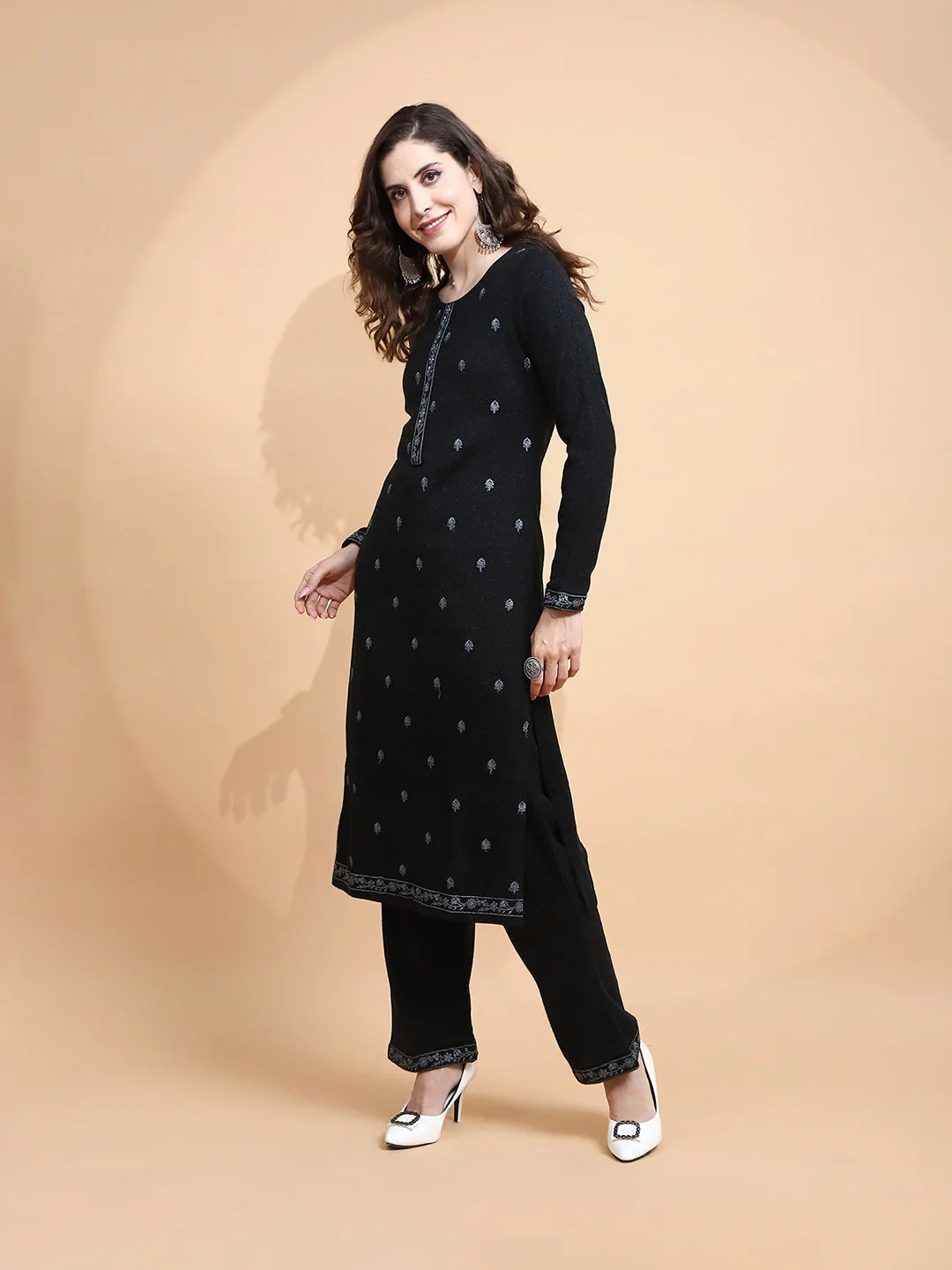 Black Embroidered Wool Blend Kurta Set - Global Republic