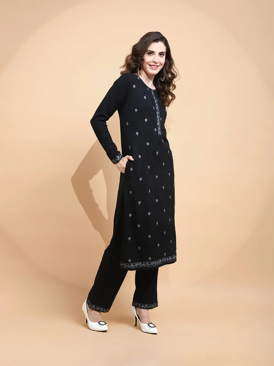 Black Embroidered Wool Blend Kurta Set - Global Republic