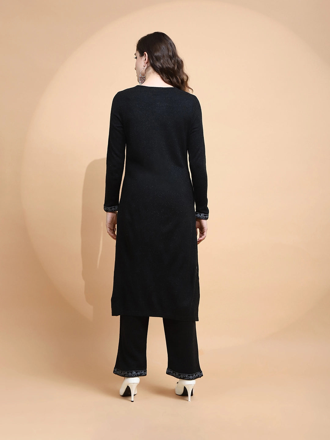 Black Embroidered Wool Blend Kurta Set - Global Republic