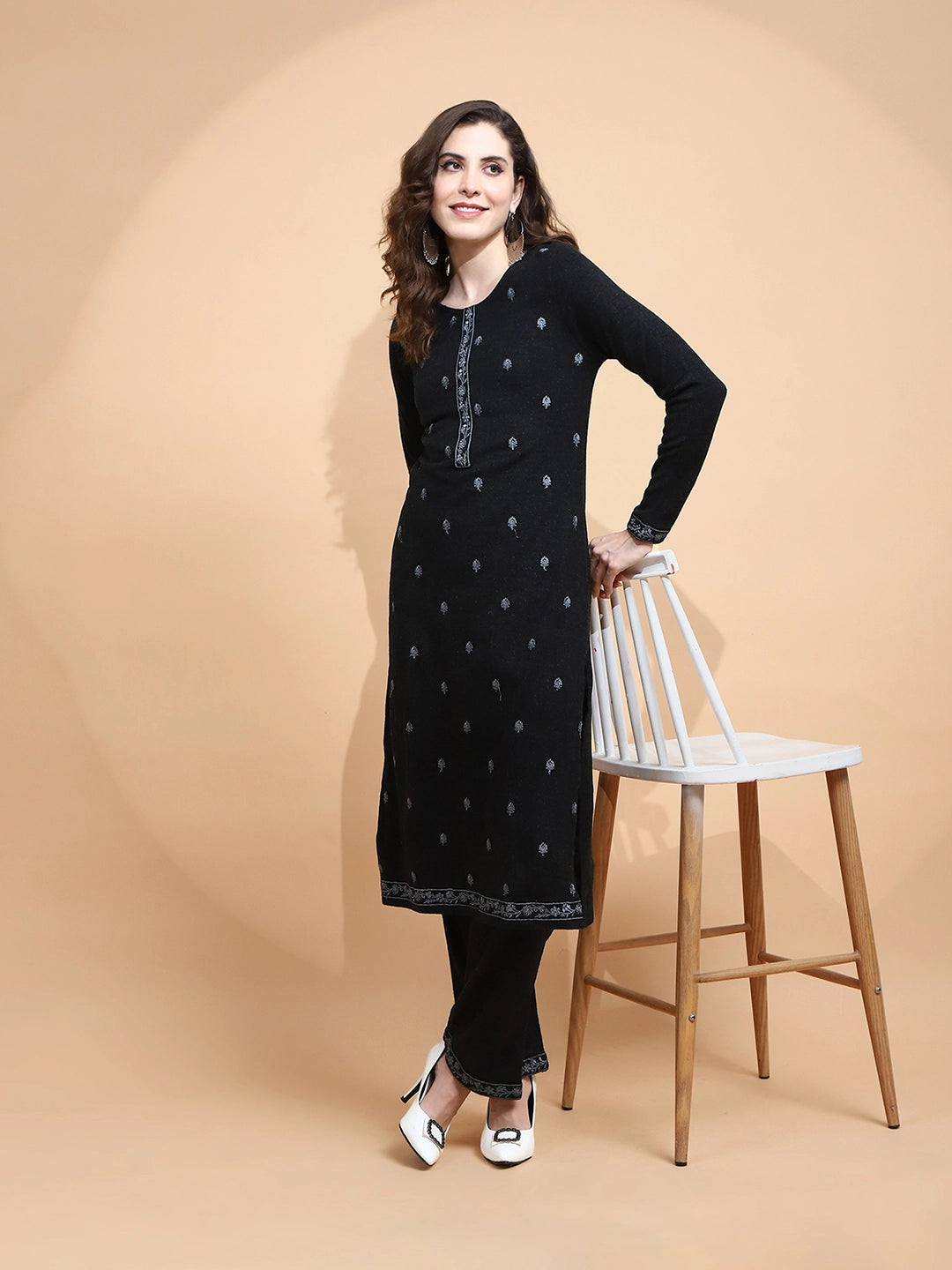 Black Embroidered Wool Blend Kurta Set - Global Republic