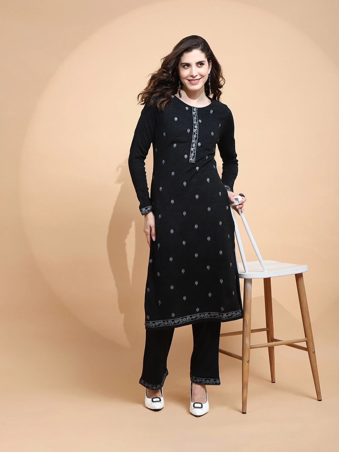 Black Embroidered Wool Blend Kurta Set - Global Republic
