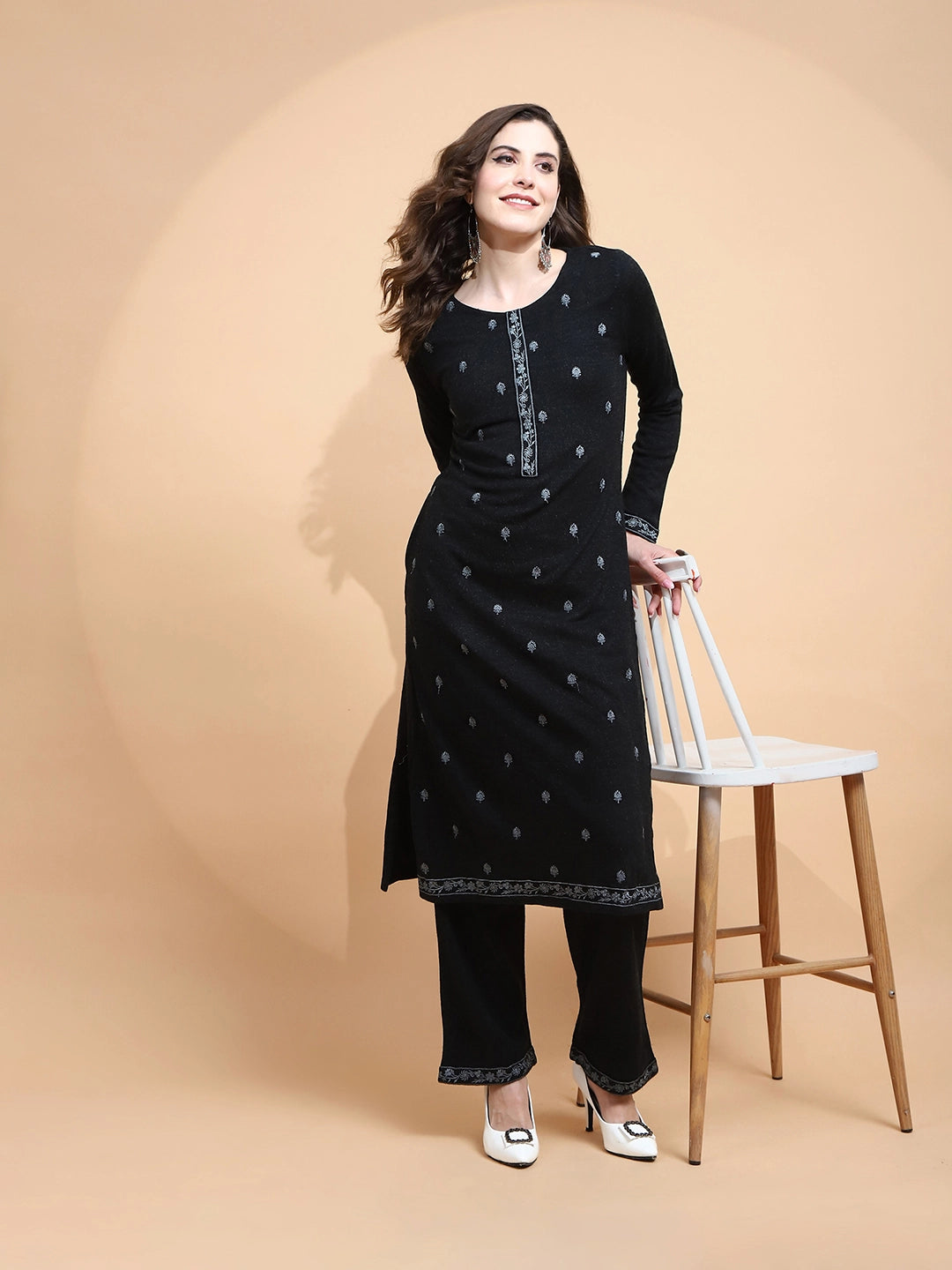 Black Embroidered Wool Blend Kurta Set - Global Republic