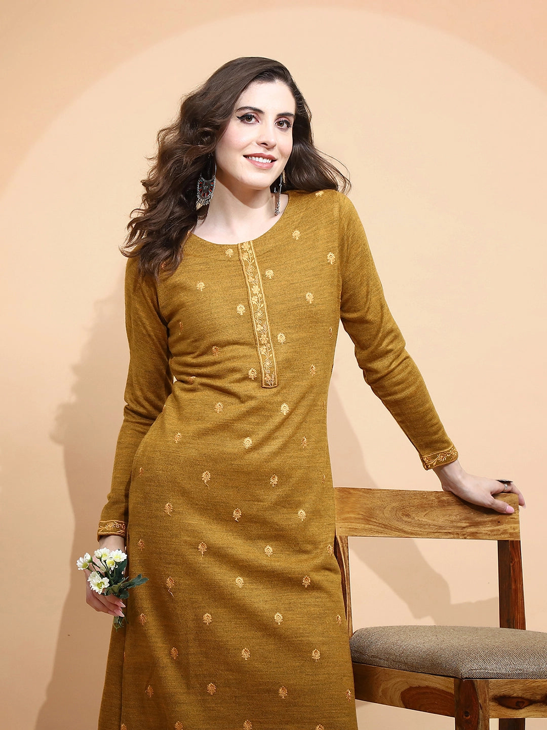 Mustard Knitted Regular Fit Kurta Set For Women - Global Republic
