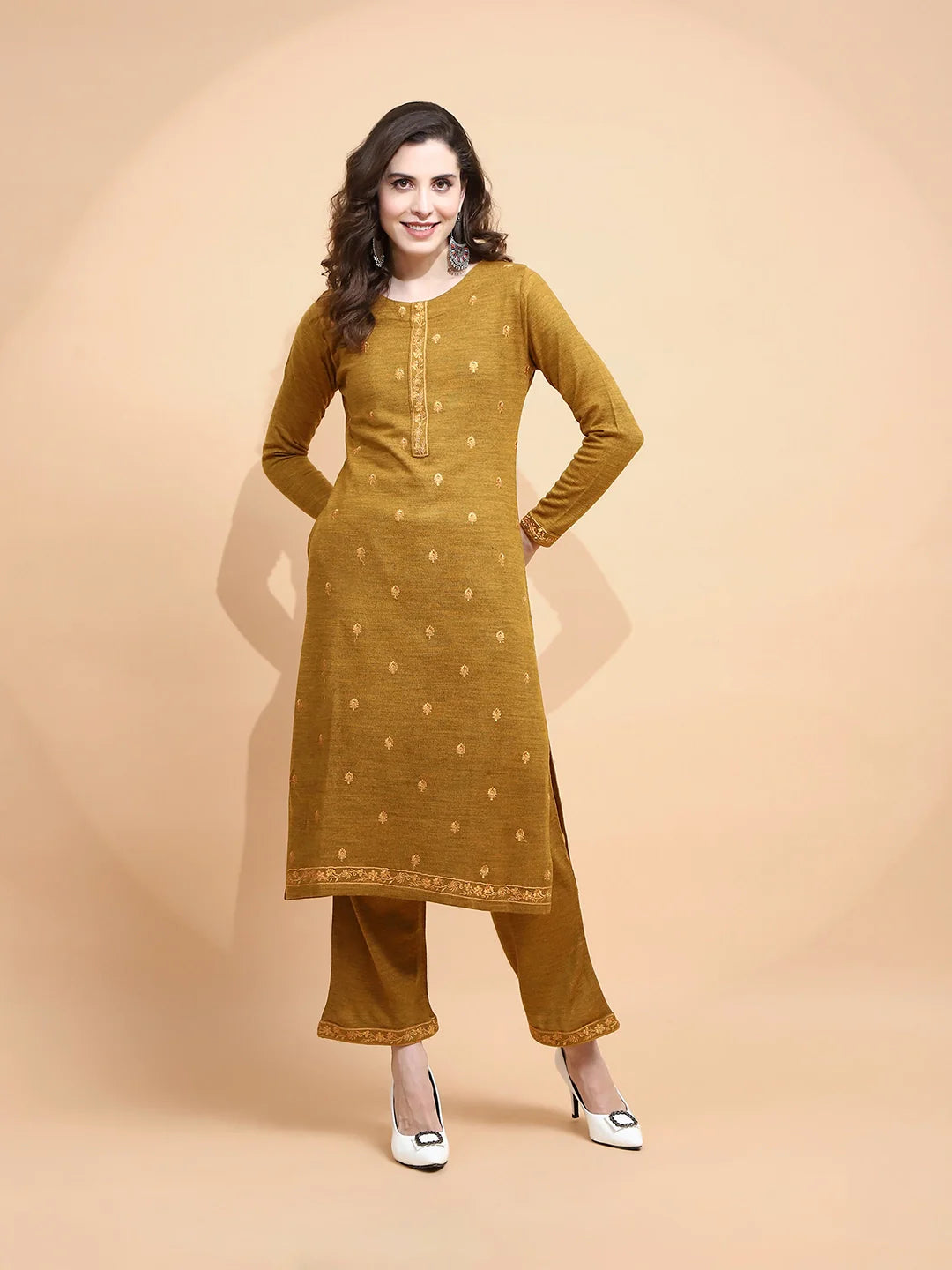 Mustard Knitted Regular Fit Kurta Set For Women - Global Republic