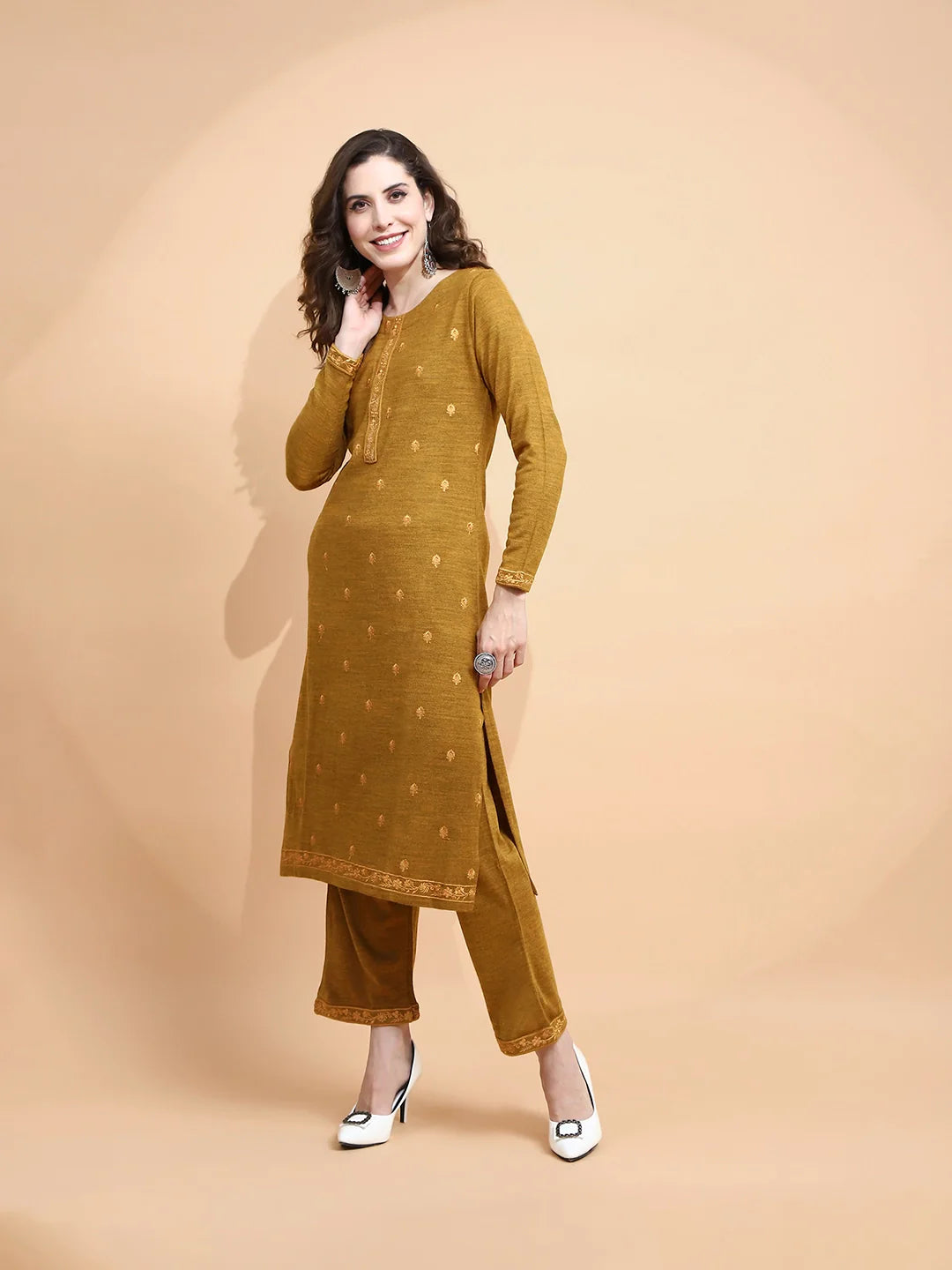 Mustard Knitted Regular Fit Kurta Set For Women - Global Republic