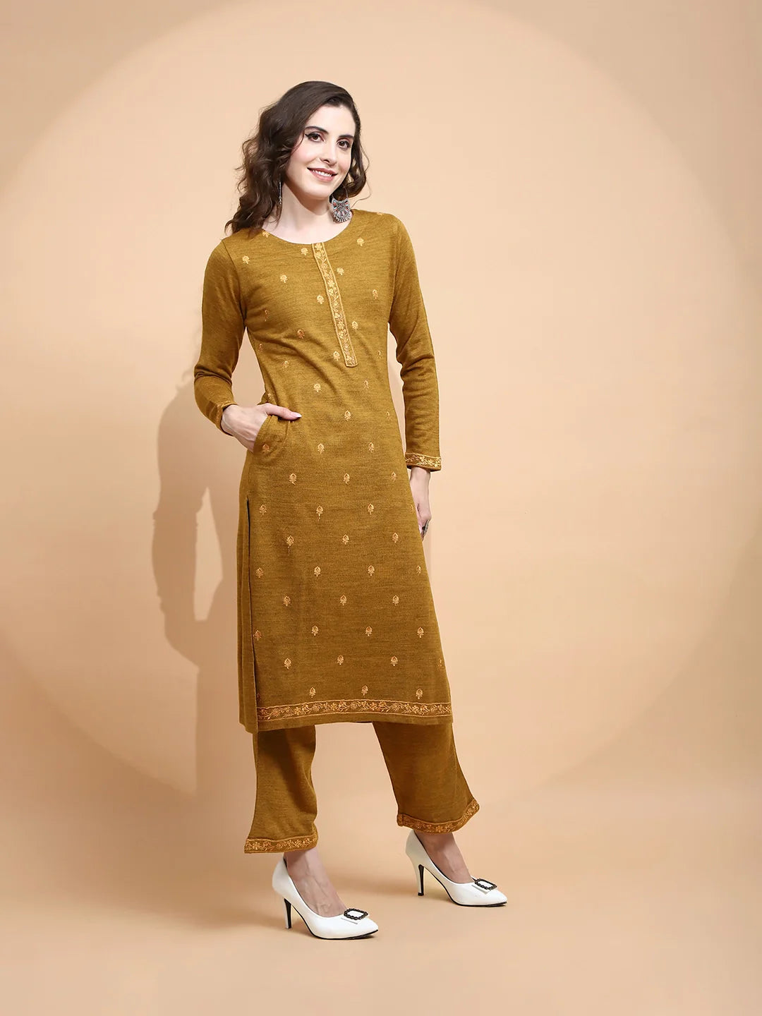Mustard Knitted Regular Fit Kurta Set For Women - Global Republic